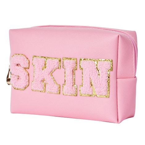 Pink waterproof Preppy Patch Skincare Bag, perfect for teen girls, with portable storage and cute design.