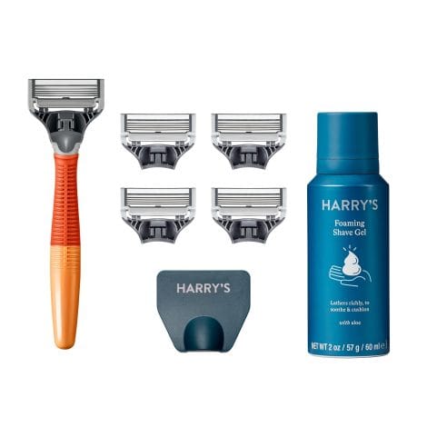 Introducing Harry’s Men’s Razor Bundle – Includes razor, 5 blades, travel cover, and 2 oz shave gel.