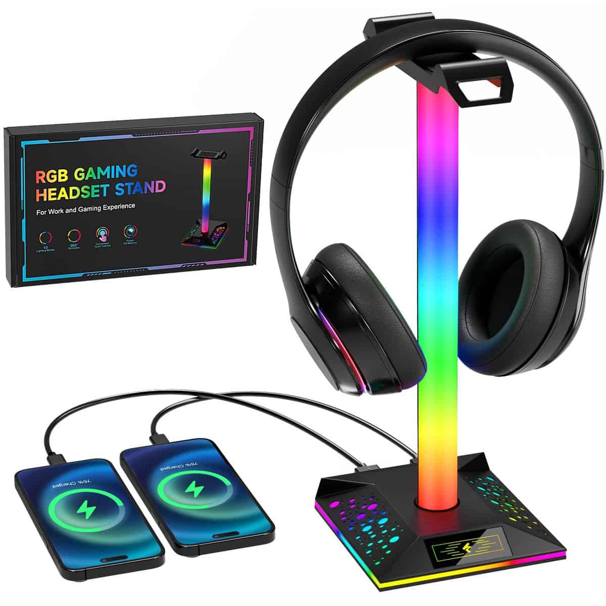 Gaming Headphone Stand PC Accessories - RGB Headset Stand with 2 USB Charger, Cool LED Headphone Holder PC Gaming Accessories Gift for Boys Men Gamers, Computer Game Hardware for Desk