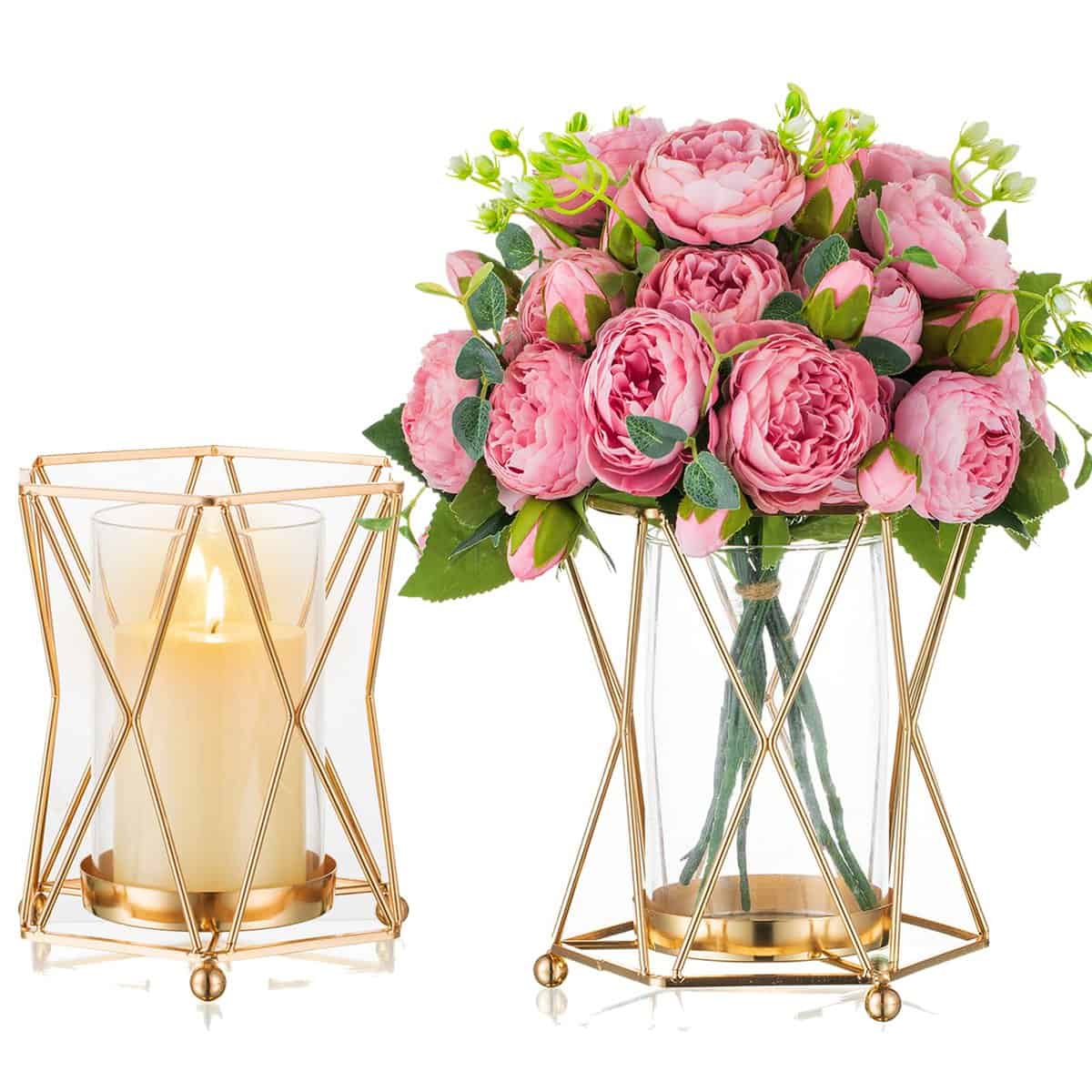 Nuptio 2 Pcs Wedding Centerpieces with Geometric Glass Flower Vase, Glass Hurricane Candle Holders for Bathroom Dining Table Decoration, Gold Candle Holders Gifts for Mum