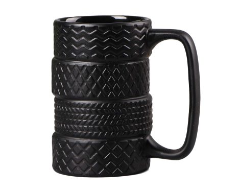 This is the Large 3D Tire Shaped Ceramic Mug, perfect for Car Fans, with a cool black design.