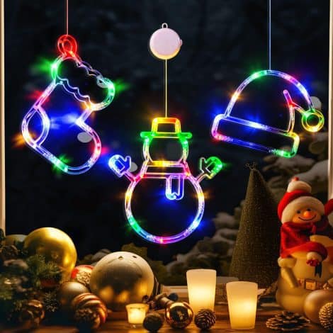 Christmas Decorative Window Lights, 3 Pack – Multicolored Stocking, Snowman, and Santa Hat Lights with Timer.