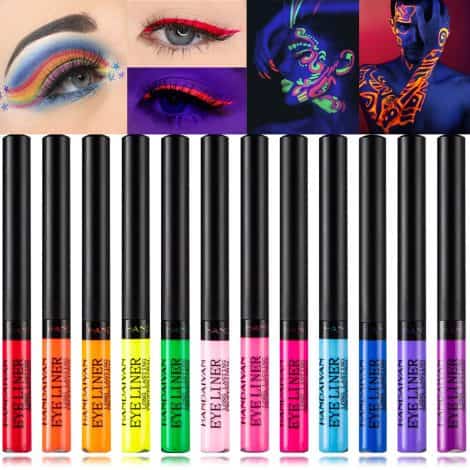 Rainbow Neon Eyeliner Set: 12 vibrant matte UV glow colors, waterproof, smudgeproof, long-lasting, and perfect for American women.