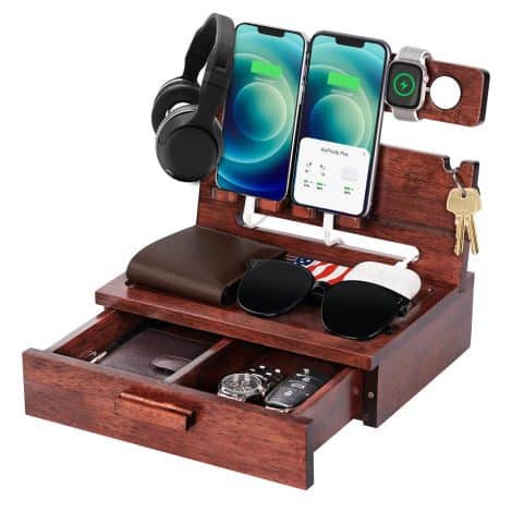 Wooden phone docking station with drawer nightstand organizer, perfect gift for dads, husbands, and boyfriends. Ideal for birthdays and Christmas.