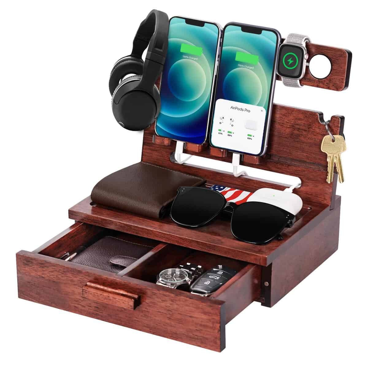 Men Husband Dad Birthday Gifts from Daughter Son Wife Christmas, Wood Phone Docking Station with Drawer Nightstand Organizer, Him Boyfriend Gifts Ideas Anniversary, Xmas Stocking Stuffer