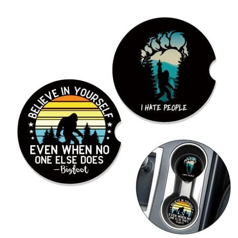 2 Sets of Bigfoot Car Coasters for Him, Hilarious Car Drink Holders, Perfect Sasquatch Gift for A Buddy.