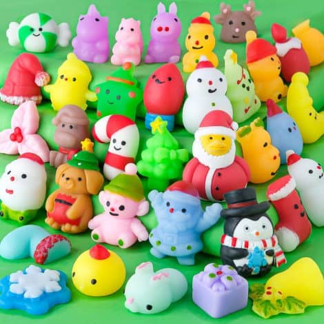 36 pieces of Christmas-themed squishy toys for kids, perfect as party favors, goodie bag fillers, and stress relief toys.