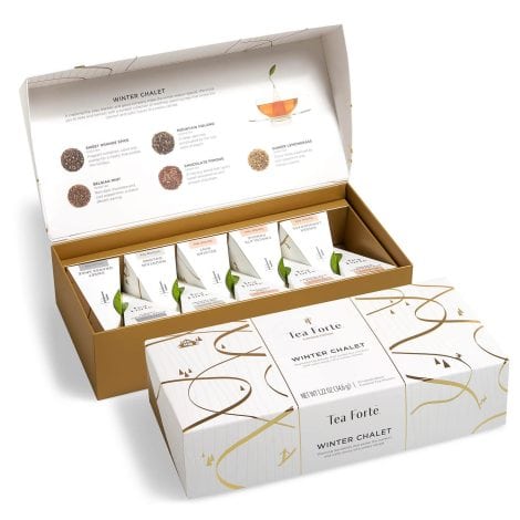 Winter Chalet Tea Sampler Gift Set: Tea Forte’s delightful box with 10 pyramid tea infusers featuring handcrafted winter spiced teas.