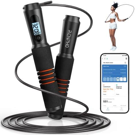 Smart Jump Rope by RENPHO, syncs with an app for data analysis, ideal for home gym or Crossfit workouts.