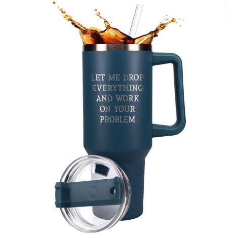 Hilarious Presents for Guys & Gals – “Pause Everything” 40 oz Travel Mug, Blue with Straw & Handle.