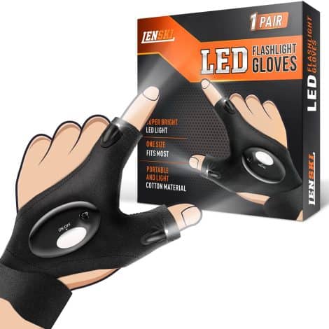 Men’s stocking stuffers: Lenski Flashlight Gloves. Perfect for Christmas gifts for dad, boyfriend, or any man who has it all. Cool camping essentials.