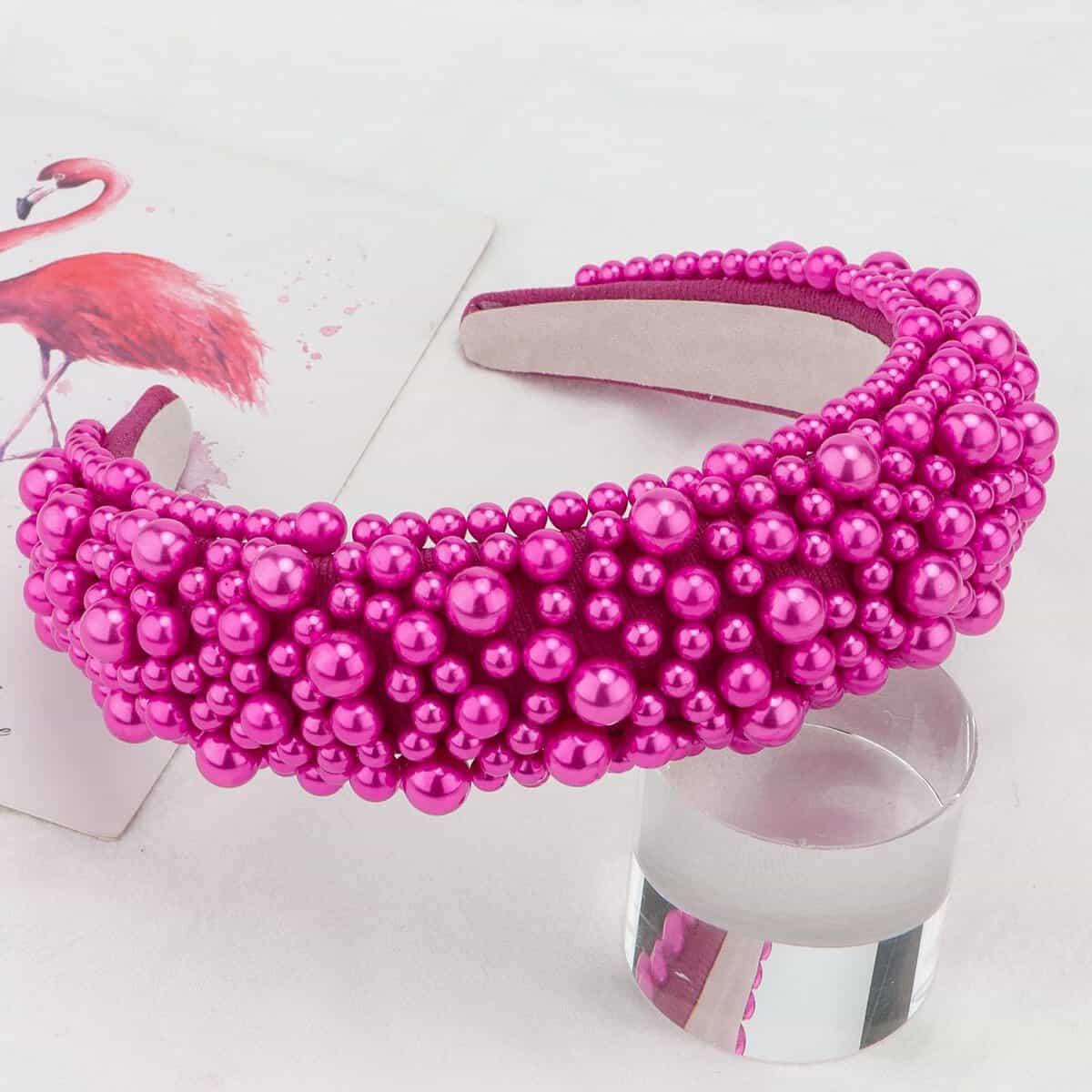 Hapdoo Hot Pink Pearl Headbands for Women, Wide Padded Hair Hoop with Faux Pearl for Gift, Bling Valentine Hairbands Hair Accessories for Women Girls