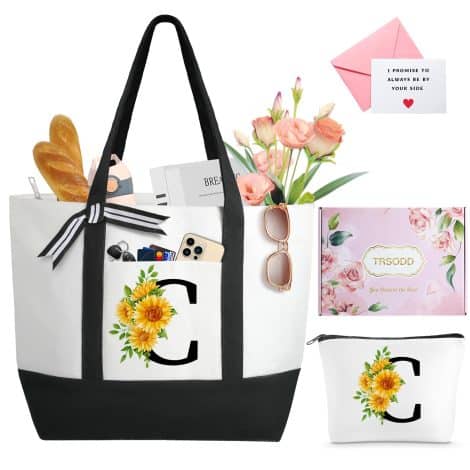 Customized Initial Tote Bag Set with Makeup Bag – Perfect Christmas gift for mom or women.