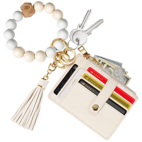 Beige Hicdaw Valentine’s Day Wristlet: Stylish keychain wallet with card slots, tassel purse, perfect gift.