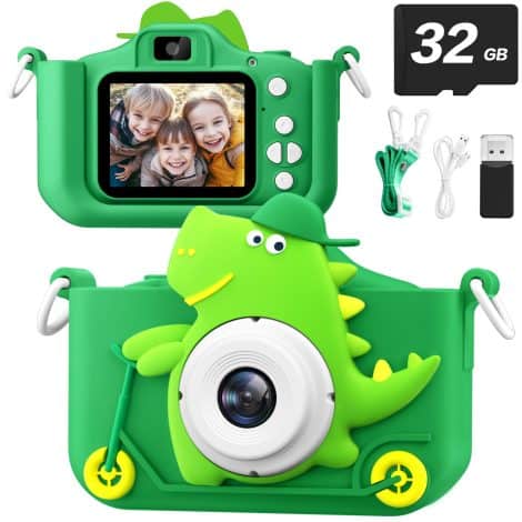 Green Kids Camera: HD Selfie Video Cam for Boys & Girls, Perfect Xmas Birthday Gift! Includes 32GB SD Card.