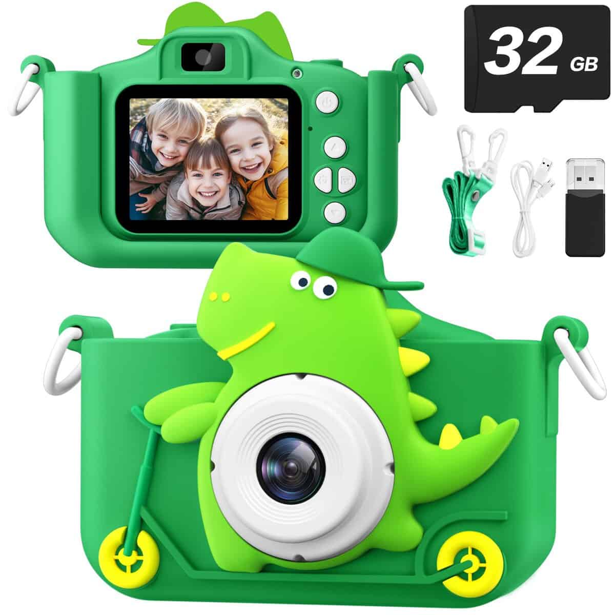 Kids Camera Toys for 3-12 Boys Girls, 1080P HD Selfie Digital Video Camera for Kids Toddlers Christmas Birthday Gifts, Multi-Function Puzzle Games Play Music Children Camera with 32GB SD Card (Green)