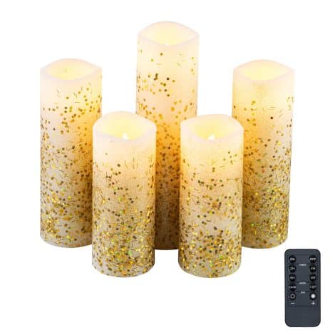 5-pack of flameless candles with a beautiful Christmas gold glitter design; remote timer included.