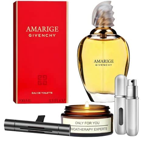 AMARIGE – A fragrant gift set featuring Eau De Toilette Spray, a lavender soy candle, car air fresheners, and a travel perfume atomizer.