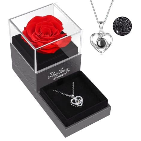 ASelfad Eternal Love Preserved Red Rose with “I Love You” Necklace, an ideal gift for her on special occasions.