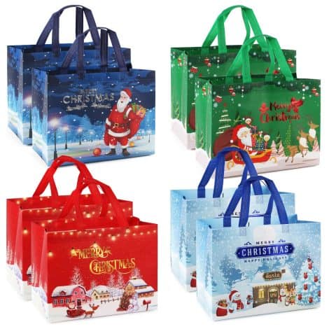 “PARSUP 8PCS Christmas Gift Bags: Festive bronzing tote bags with handles for versatile gift wrapping and shopping.”