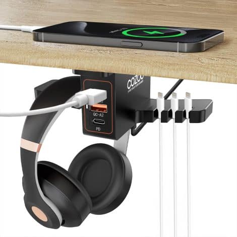 Cosoo Under-Desk Headphone Stand with USB Charger and Smart Watch Charging Dock (UL Tested).