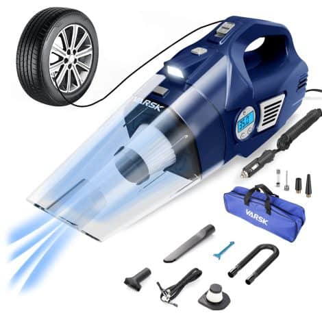 VARSK Car Vacuum Cleaner – Powerful 4-in-1 handheld device with LED light, digital tire pressure gauge, and portable tire inflator. Perfect car gift.