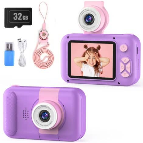 PURULU Children’s Camera with Selfie and Video Capability, High-Definition Recording, 32GB SD Card, Perfect for Ages 3-8. Ideal Birthday or Christmas Gift for Boys and Girls.