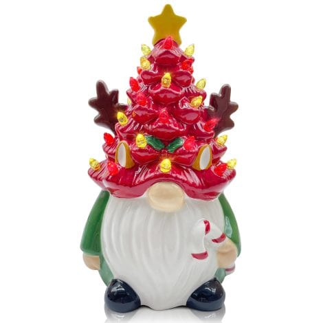 Regal Reindeer Ceramic Christmas Tree Gnomes – A charming LED farmhouse figurine for festive indoor decor.