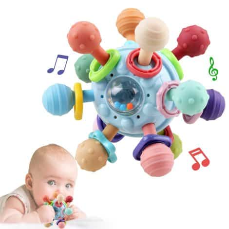 Montessori-inspired baby teething toys for boys and girls, ideal for infants aged 0-18 months. Educational and fun!