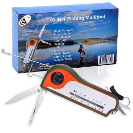 Fisherman’s Ultimate Tool – All-in-one hook remover, scale scraper, tape measure, bait cutter, flashlight, knife, scissors, and more! Perfect gift for anglers!