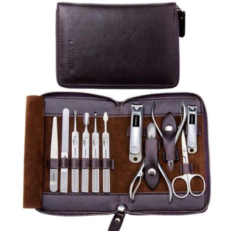 FAMILIFE Dark Purple Manicure Set: Complete 11-piece stainless steel nail grooming kit, perfect birthday gift for men.