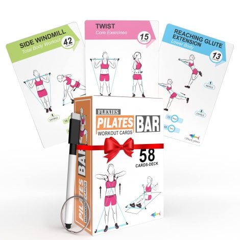 Pilates Bar Exercise Deck – 58 Cards with Pilates Stick Moves, Tips & Breathing Exercises. Includes Bonus Ring & Marker for Custom Workout Planning.