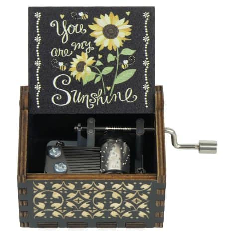 Black Aifeprsll Music Box: Vintage hand-cranked sunflower-themed wood box, perfect gift for Christmas, wedding, anniversary, or birthdays.