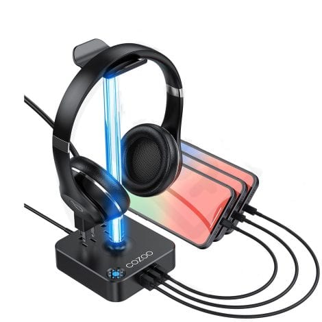 RGB Headphone Stand with USB Charger: COZOO Desktop Gaming Headset Holder with 3 USB Charger and 2 Outlets – Perfect for Gaming, DJs, and Wireless Earphones; Great Gaming Accessories or Boyfriend Gift.