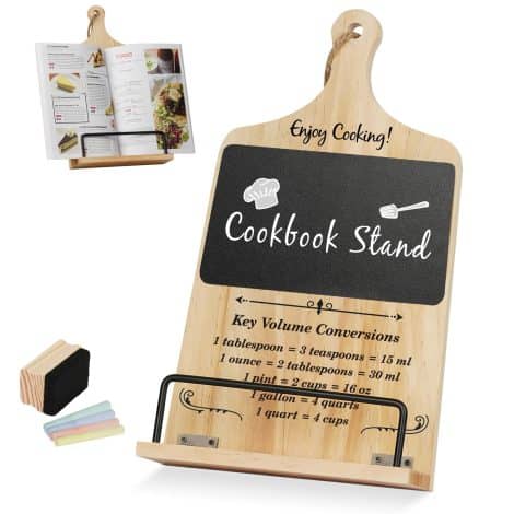 Kitchen counter cookbook stand with chalkboard eraser, perfect as unique gifts for women, ideal for various occasions.