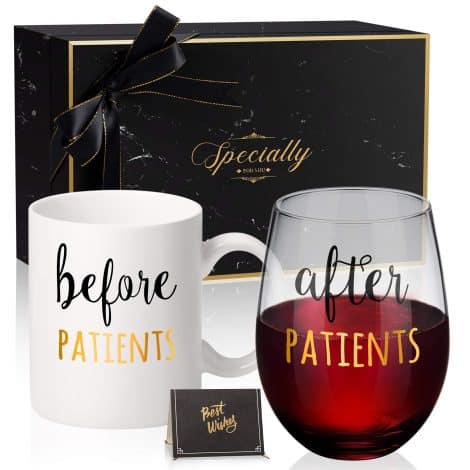 Unique gift set including an 11 oz coffee mug and an 18 oz stemless wine glass for medical professionals. Ideal for birthdays and graduations.