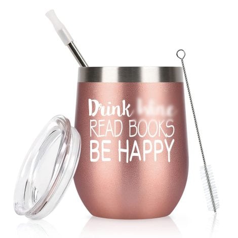 Celebrate your love for books with this beautiful Rose Gold wine tumbler – the perfect gift for book enthusiasts.