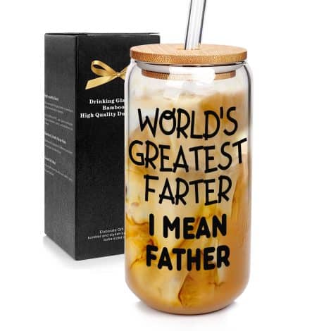 “Mason Life Dad Christmas Gifts: 18oz Cups for Dad’s Christmas Gifts, Birthday, or Funny World’s Greatest Farter, I Mean Father.”