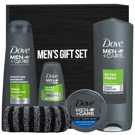 Men+Care Holiday Christmas Gift Set: 5-piece set featuring Dove Men Body Wash, Ultra Hydra Cream, Extra Fresh Deodorant, Fresh and Clean Shampoo, plus a Gym Towel in a Gift Box.