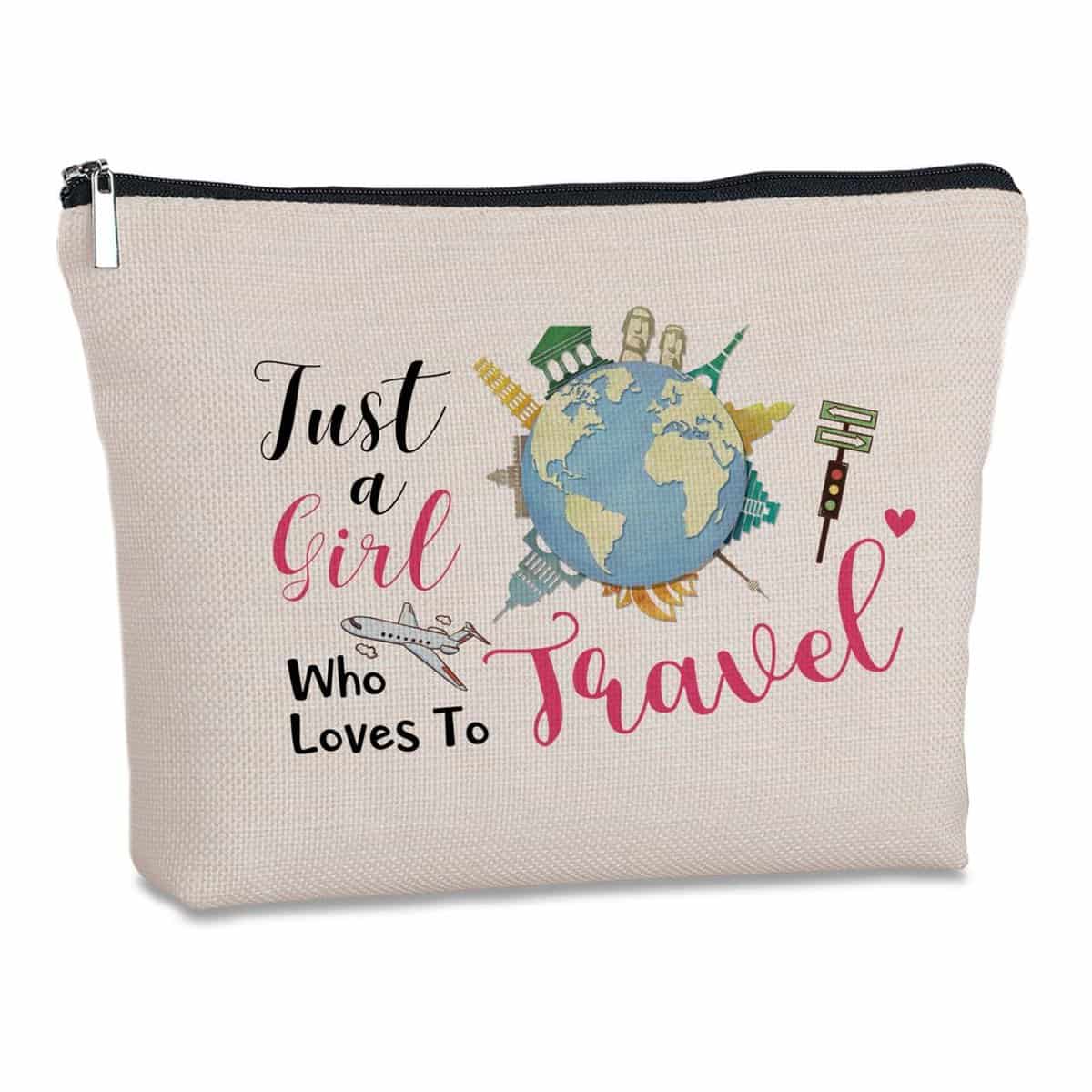 Yegifeyct Travel Lover Gifts Zipper Makeup Bag Travel Cosmetic Bag Just a Who Loves to Travel Unique Birthday Gifts for Women Best Friends Sister