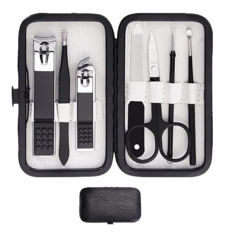 Black and white nail clipper set with 8-in-1 tools. Perfect grooming kit for men, ideal as a gift.