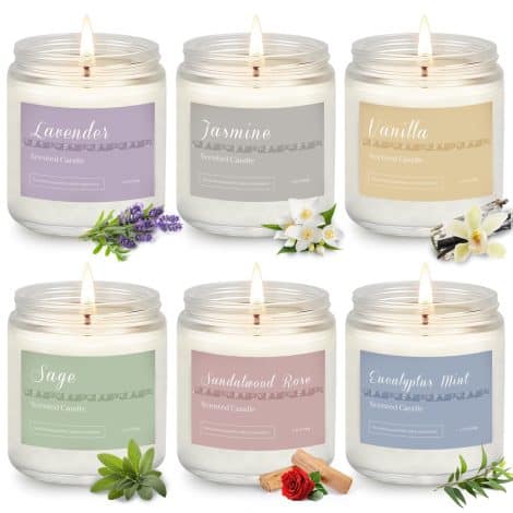 Gift set of 6 scented candles for the home, including lavender scent, each lasting 300 hours. Perfect for gifting.