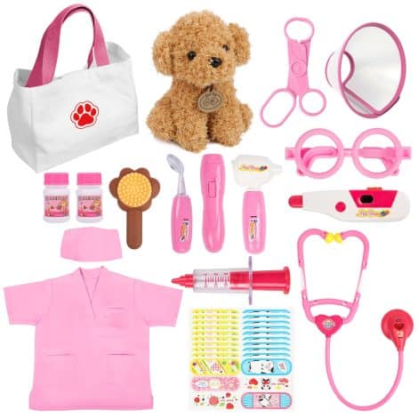 Kids’ pretend doctor set with 26 pieces including a dog toy, stethoscope, dress-up costume. Perfect gift for girls!