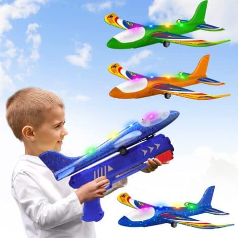 Foam Airplane Launcher Toy Set: Includes 3 glider planes with 2 flight modes, perfect for outdoor fun! Great gift for kids aged 3-12.