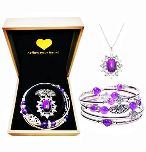 CINSKYING Amethyst Bracelet and Necklace Set – Elegant jewelry set with natural crystal stone. Perfect gift for women.