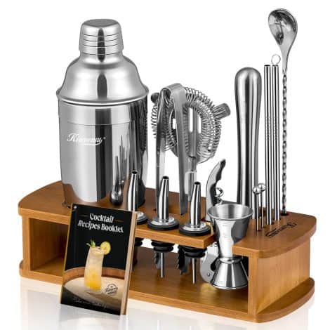 Cocktail Shaker Set with Stand | Complete Bar Kit for Mixing Drinks: Shaker, Jigger, Strainer, Spoon, Muddler.