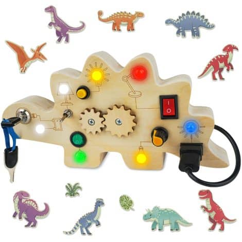 Montessori-inspired Toddler Busy Board with Led Light – Fun and Educational Dinosaur Sensory Travel Toys for 1-3 Year Olds. Perfect Birthday Gift for Boys and Girls!