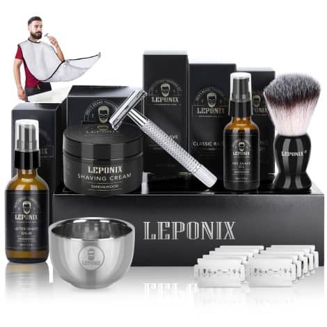 Men’s grooming set with razor, sandalwood cream, aftershave, pre-shave oil, brush, bowl, and apron bib. Great gifts!