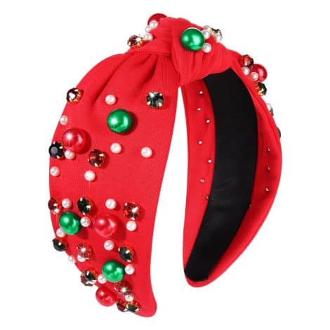 Christmas red knot hairband for women, adorned with pearls, rhinestones, and crystals for an elegant holiday party outfit.