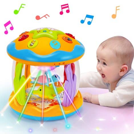 Interactive musical toy for babies. Projects lights and rotates, perfect for tummy time and sensory development. Great gift!